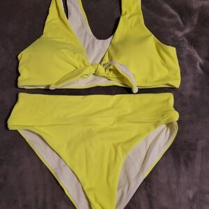 Bright Yellow Knot Front Ribbed Bikini Set - Women Swim